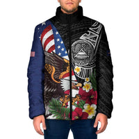 United States and American Samoa Padded Jacket USA Flag Eagle With Seal Tropical Flowers LT14 Men Black - Polynesian Pride