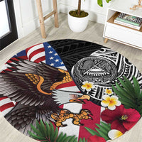 United States and American Samoa Round Carpet USA Flag Eagle With Seal Tropical Flowers LT14 Black - Polynesian Pride