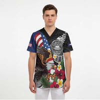 United States and American Samoa Scrub Top USA Flag Eagle With Seal Tropical Flowers LT14 - Polynesian Pride