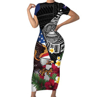 United States and American Samoa Short Sleeve Bodycon Dress USA Flag Eagle With Seal Tropical Flowers