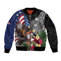 United States and American Samoa Sleeve Zip Bomber Jacket USA Flag Eagle With Seal Tropical Flowers LT14 Unisex Black - Polynesian Pride
