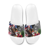 United States and American Samoa Slide Sandals USA Flag Eagle With Seal Tropical Flowers LT14 Black - Polynesian Pride