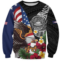 United States and American Samoa Sweatshirt USA Flag Eagle With Seal Tropical Flowers LT14 Unisex Black - Polynesian Pride
