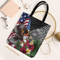 United States and American Samoa Tote Bag USA Flag Eagle With Seal Tropical Flowers LT14 Black Strap One Size Black - Polynesian Pride