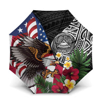 United States and American Samoa Umbrella USA Flag Eagle With Seal Tropical Flowers LT14 One Size Folded 11.42 inch Opened Diameter 37.4 inch Black - Polynesian Pride