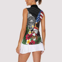 United States and American Samoa Women Sleeveless Polo Shirt USA Flag Eagle With Seal Tropical Flowers
