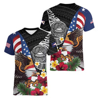 United States and American Samoa Women V-Neck T-Shirt USA Flag Eagle With Seal Tropical Flowers