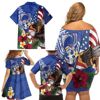 United States and Northern Mariana Islands Family Matching Off Shoulder Short Dress and Hawaiian Shirt USA Flag Eagle CNMI Latte Stone Tropical Flowers