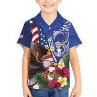 United States and Northern Mariana Islands Family Matching Puletasi and Hawaiian Shirt USA Flag Eagle CNMI Latte Stone Tropical Flowers