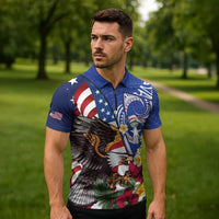 United States and Northern Mariana Islands Zipper Polo Shirt USA Flag Eagle CNMI Latte Stone Tropical Flowers