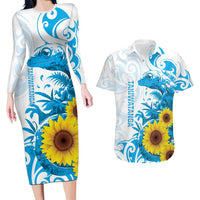 New Zealand Autism Awareness Month Couples Matching Long Sleeve Bodycon Dress and Hawaiian Shirt Takiwatanga Maori Lizard With Sunflower