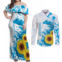 New Zealand Autism Awareness Month Couples Matching Off Shoulder Maxi Dress and Long Sleeve Button Shirt Takiwatanga Maori Lizard With Sunflower