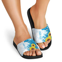 New Zealand Autism Awareness Month Slide Sandals Takiwatanga Maori Lizard With Sunflower - Polynesian Pride