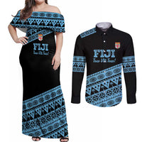 Fiji Rugby 2025 Custom Couples Matching Off Shoulder Maxi Dress and Long Sleeve Button Shirt Fijian Tapa Toso Viti Toso - Black