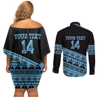 Fiji Rugby 2025 Custom Couples Matching Off Shoulder Short Dress and Long Sleeve Button Shirt Fijian Tapa Toso Viti Toso - Black