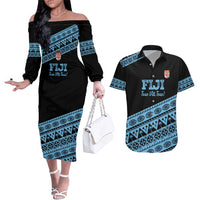 Fiji Rugby 2025 Custom Couples Matching Off The Shoulder Long Sleeve Dress and Hawaiian Shirt Fijian Tapa Toso Viti Toso - Black