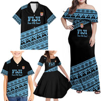 Fiji Rugby 2025 Custom Family Matching Off Shoulder Maxi Dress and Hawaiian Shirt Fijian Tapa Toso Viti Toso - Black