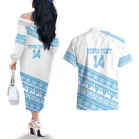 Fiji Rugby 2025 Custom Couples Matching Off The Shoulder Long Sleeve Dress and Hawaiian Shirt Fijian Tapa Toso Viti Toso - White