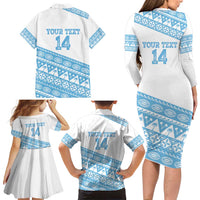 Fiji Rugby 2025 Custom Family Matching Long Sleeve Bodycon Dress and Hawaiian Shirt Fijian Tapa Toso Viti Toso - White