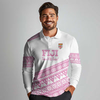 Fiji Rugby 2025 Custom Long Sleeve Polo Shirt Fijian Tapa Toso Viti Toso - Pink