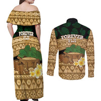 Bula Fiji Kava Bowl Couples Matching Off Shoulder Maxi Dress and Long Sleeve Button Shirt Fijian Tapa Cloth Vintage Vibe