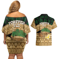 Bula Fiji Kava Bowl Couples Matching Off Shoulder Short Dress and Hawaiian Shirt Fijian Tapa Cloth Vintage Vibe