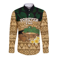 Bula Fiji Kava Bowl Long Sleeve Button Shirt Fijian Tapa Cloth Vintage Vibe