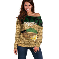 Bula Fiji Kava Bowl Off Shoulder Sweater Fijian Tapa Cloth Vintage Vibe