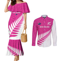 New Zealand Silver Fern Rugby Custom Couples Matching Mermaid Dress and Long Sleeve Button Shirt Go All Black Maori Pink Version
