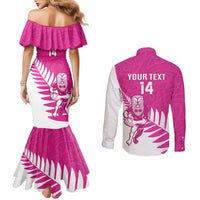 New Zealand Silver Fern Rugby Custom Couples Matching Mermaid Dress and Long Sleeve Button Shirt Go All Black Maori Pink Version
