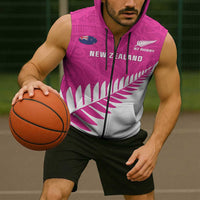 New Zealand Silver Fern Rugby Custom Sleeveless Zip Hoodie Go All Black Maori Pink Version - Polynesian Pride