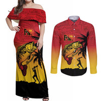 Custom Papua New Guinea Cricket Couples Matching Off Shoulder Maxi Dress and Long Sleeve Button Shirt PNG Barramundis - Polynesian Pride