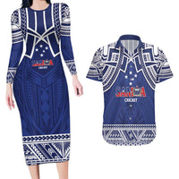 Custom Samoa Cricket Couples Matching Long Sleeve Bodycon Dress and Hawaiian Shirt Go Champions Samoan LT14 Blue - Polynesian Pride