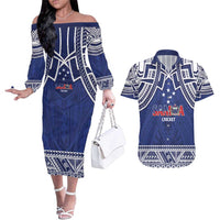 Custom Samoa Cricket Couples Matching Off The Shoulder Long Sleeve Dress and Hawaiian Shirt Go Champions Samoan LT14 Blue - Polynesian Pride