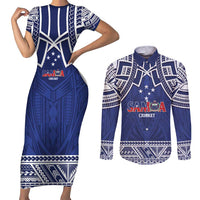 Custom Samoa Cricket Couples Matching Short Sleeve Bodycon Dress and Long Sleeve Button Shirt Go Champions Samoan LT14 Blue - Polynesian Pride