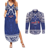 Custom Samoa Cricket Couples Matching Summer Maxi Dress and Long Sleeve Button Shirt Go Champions Samoan LT14 Blue - Polynesian Pride