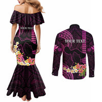 Personalised Hawaii Couples Matching Mermaid Dress and Long Sleeve Button Shirts Pray For Maui Hawaiian Plumeria Be Strong Pink Verison LT14 - Polynesian Pride