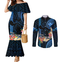Personalised Hawaii Couples Matching Mermaid Dress and Long Sleeve Button Shirts Pray For Maui Hawaiian Plumeria Be Strong Blue Verison LT14 Blue - Polynesian Pride