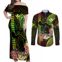 Personalised Hawaii Couples Matching Off Shoulder Maxi Dress and Long Sleeve Button Shirts Pray For Maui Hawaiian Plumeria Be Strong Reggae Verison LT14 Reggae - Polynesian Pride