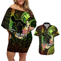 Personalised Hawaii Couples Matching Off Shoulder Short Dress and Hawaiian Shirt Pray For Maui Hawaiian Plumeria Be Strong Reggae Verison LT14 Reggae - Polynesian Pride