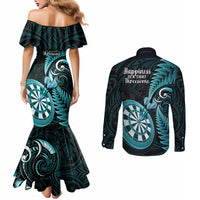 New Zealand Darts Couples Matching Mermaid Dress and Long Sleeve Button Shirts Happiness Is A Tight Threesome Maori Turquoise LT14 - Polynesian Pride