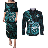 New Zealand Darts Couples Matching Puletasi Dress and Long Sleeve Button Shirts Happiness Is A Tight Threesome Maori Turquoise LT14 Turquoise - Polynesian Pride