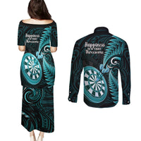 New Zealand Darts Couples Matching Puletasi Dress and Long Sleeve Button Shirts Happiness Is A Tight Threesome Maori Turquoise LT14 - Polynesian Pride