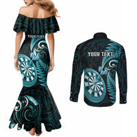 Personalised New Zealand Darts Couples Matching Mermaid Dress and Long Sleeve Button Shirts Happiness Is A Tight Threesome Maori Turquoise LT14 - Polynesian Pride