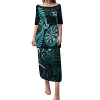 Personalised New Zealand Darts Puletasi Happiness Is A Tight Threesome Maori Turquoise LT14 Long Dress Turquoise - Polynesian Pride