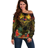 Papua New Guinea Central Province Off Shoulder Sweater Papua Niugini Coat Of Arms With Flag Style LT14 Women Black - Polynesian Pride