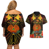 Papua New Guinea Chimbu Province Couples Matching Off Shoulder Short Dress and Hawaiian Shirt Papua Niugini Coat Of Arms With Flag Style LT14 - Polynesian Pride