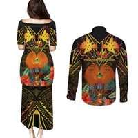 Papua New Guinea Chimbu Province Couples Matching Puletasi Dress and Long Sleeve Button Shirts Papua Niugini Coat Of Arms With Flag Style LT14 - Polynesian Pride