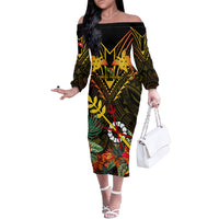 Papua New Guinea Chimbu Province Off The Shoulder Long Sleeve Dress Papua Niugini Coat Of Arms With Flag Style LT14 Women Black - Polynesian Pride