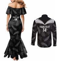 Custom New Zealand Silver Fern Football Couples Matching Mermaid Dress and Long Sleeve Button Shirt Go Aotearoa Grunge Black - Polynesian Pride